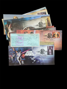 1977 SIGNED CARRIE FISHER CHECK/ COMPLETE SET OF 30th ANNIVERSARY STAR WARS ENVELOPES