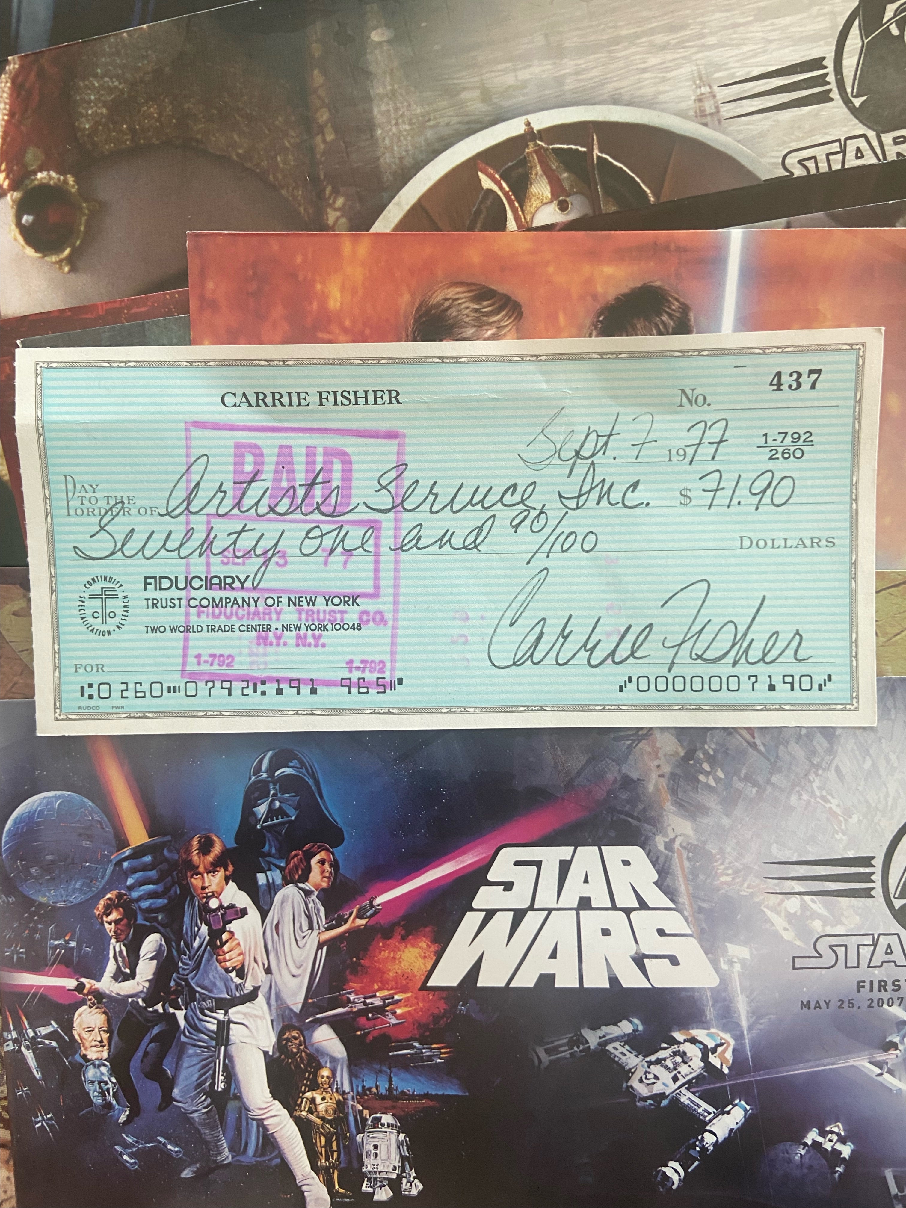 1977 SIGNED CARRIE FISHER CHECK/ COMPLETE SET OF 30th ANNIVERSARY STAR WARS ENVELOPES