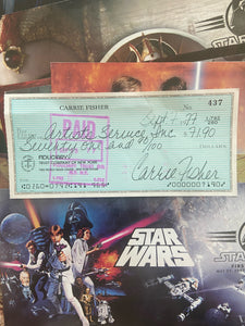 1977 SIGNED CARRIE FISHER CHECK/ COMPLETE SET OF 30th ANNIVERSARY STAR WARS ENVELOPES