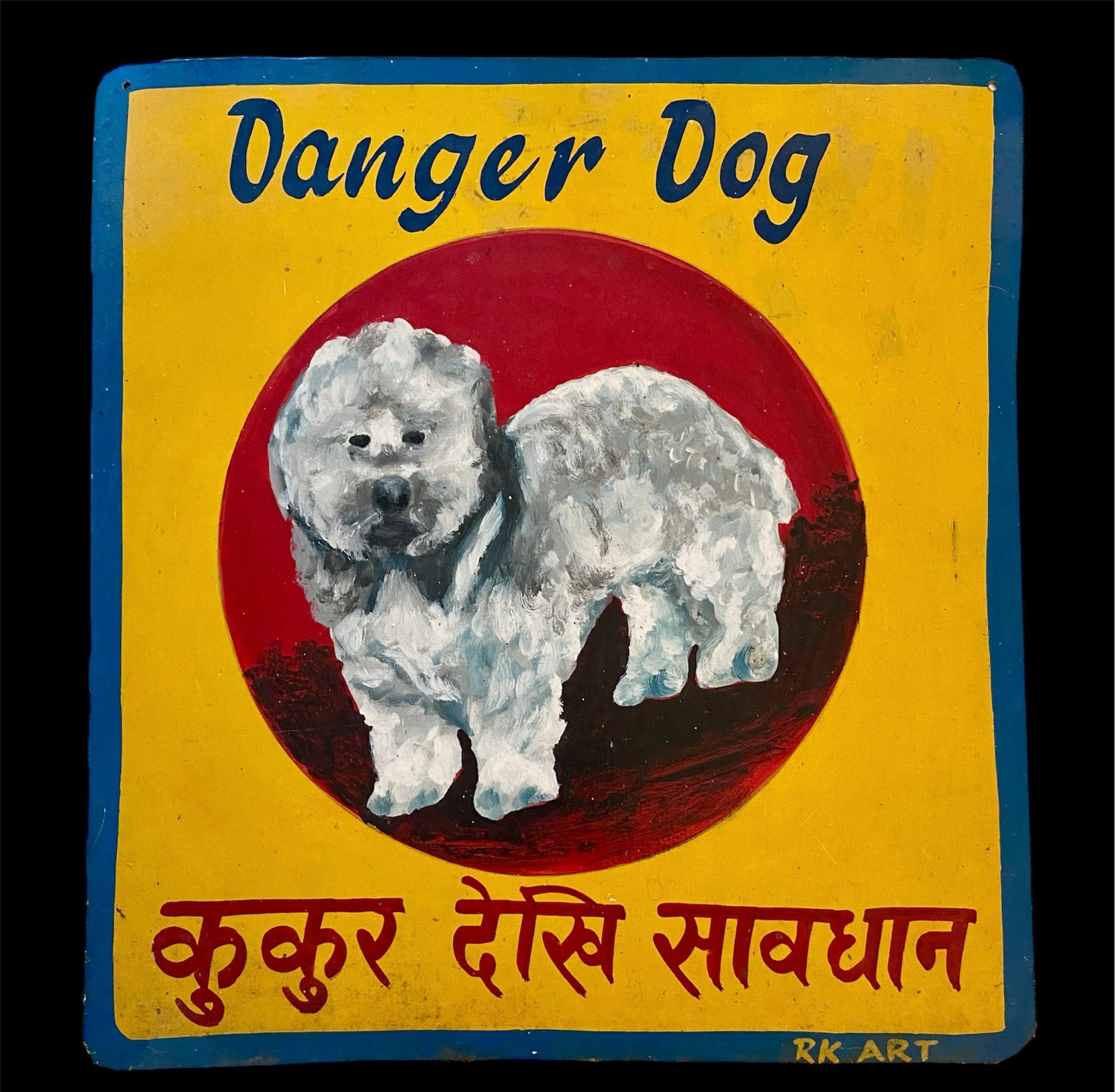 Painted tin sign of Debbie's Dog Dwight From Carrie Fisher's Home