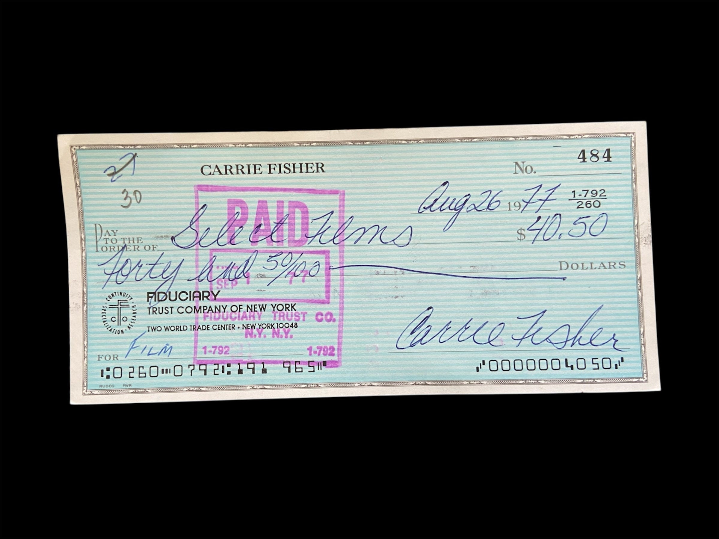 Carrie Fisher Signed Check