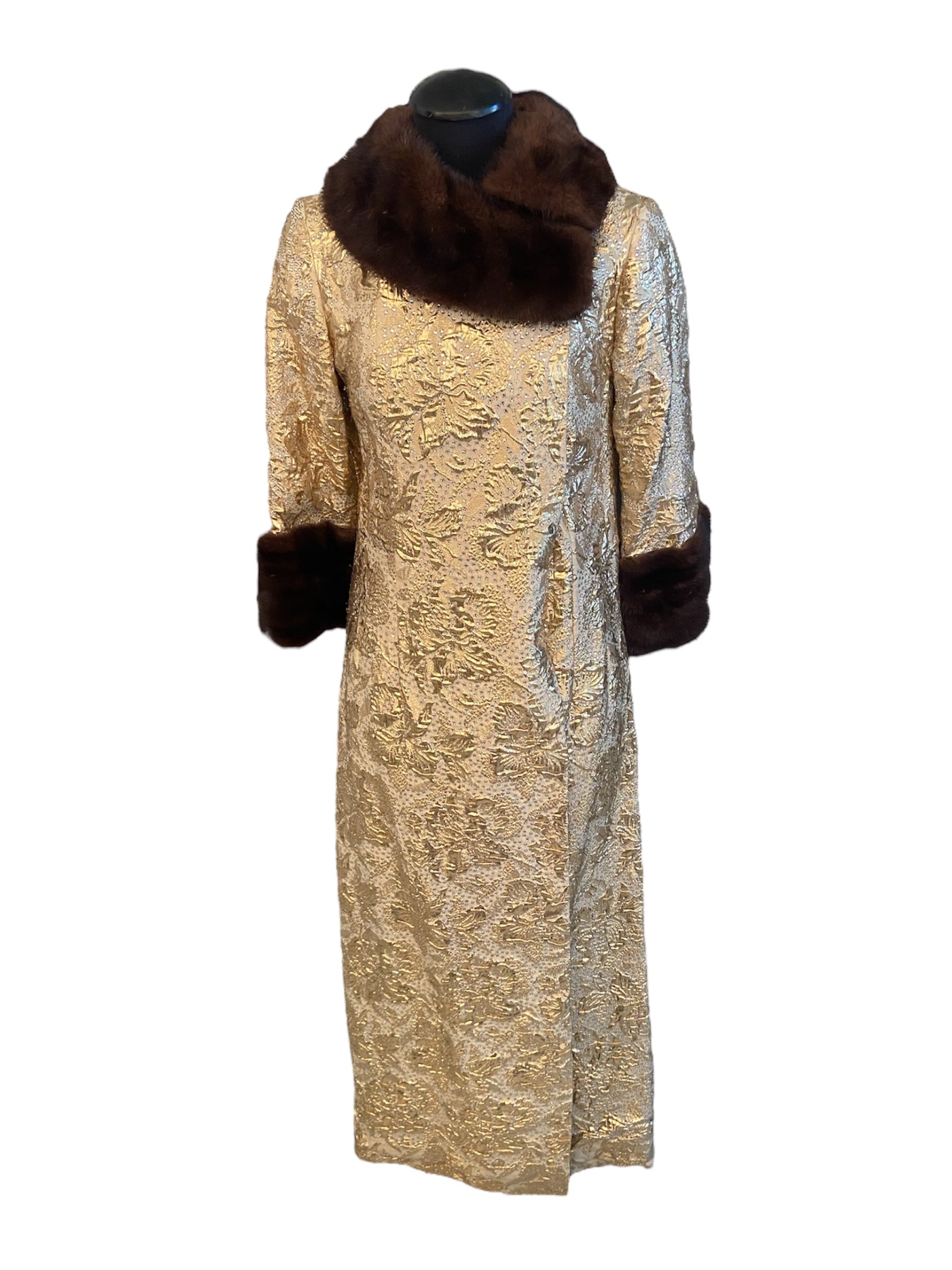 Debbie Reynolds Personal Gold Leaf Lame Gown with Mink and Rhinestone Accents