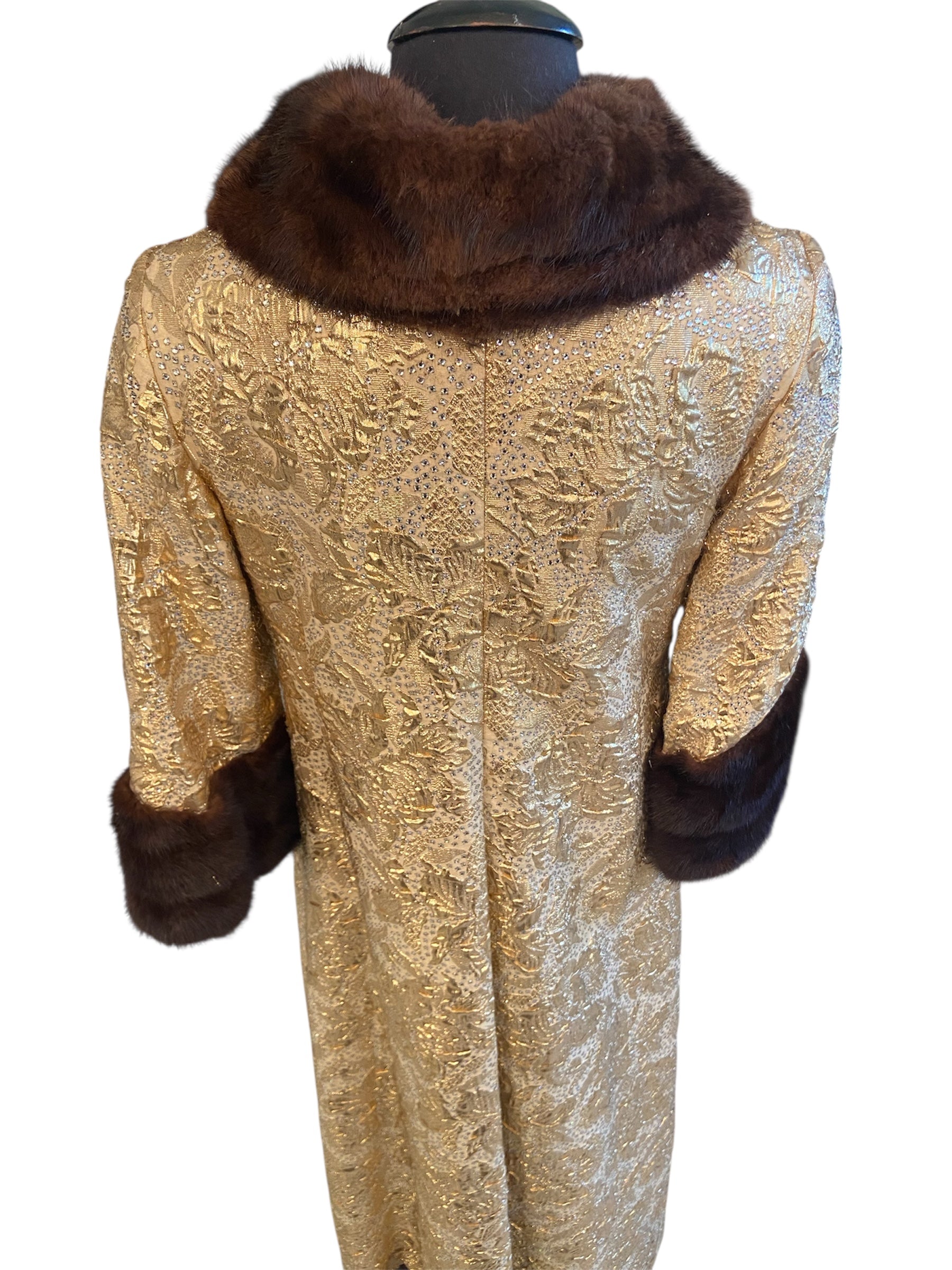Debbie Reynolds Personal Gold Leaf Lame Gown with Mink and Rhinestone Accents