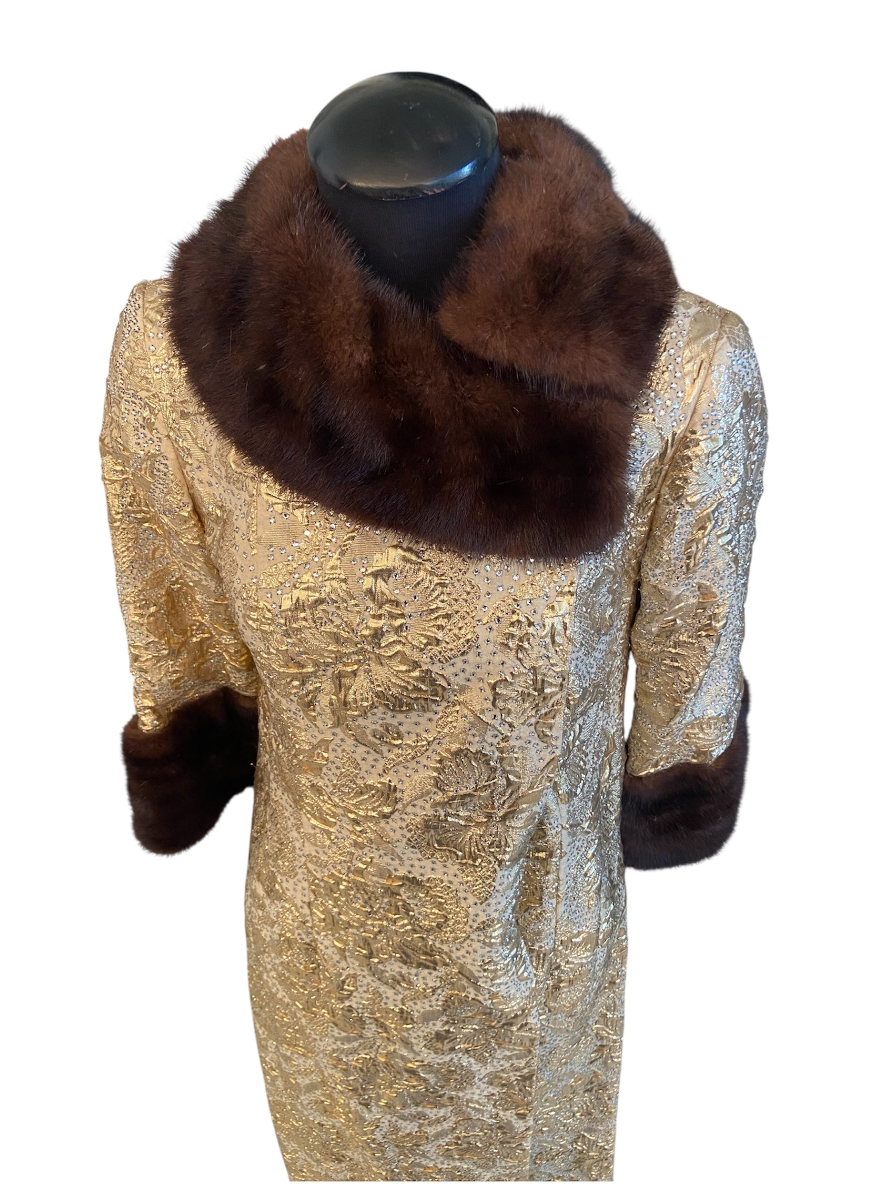 Debbie Reynolds Personal Gold Leaf Lame Gown with Mink and Rhinestone Accents