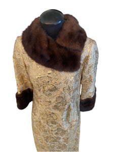 Debbie Reynolds Personal Gold Leaf Lame Gown with Mink and Rhinestone Accents