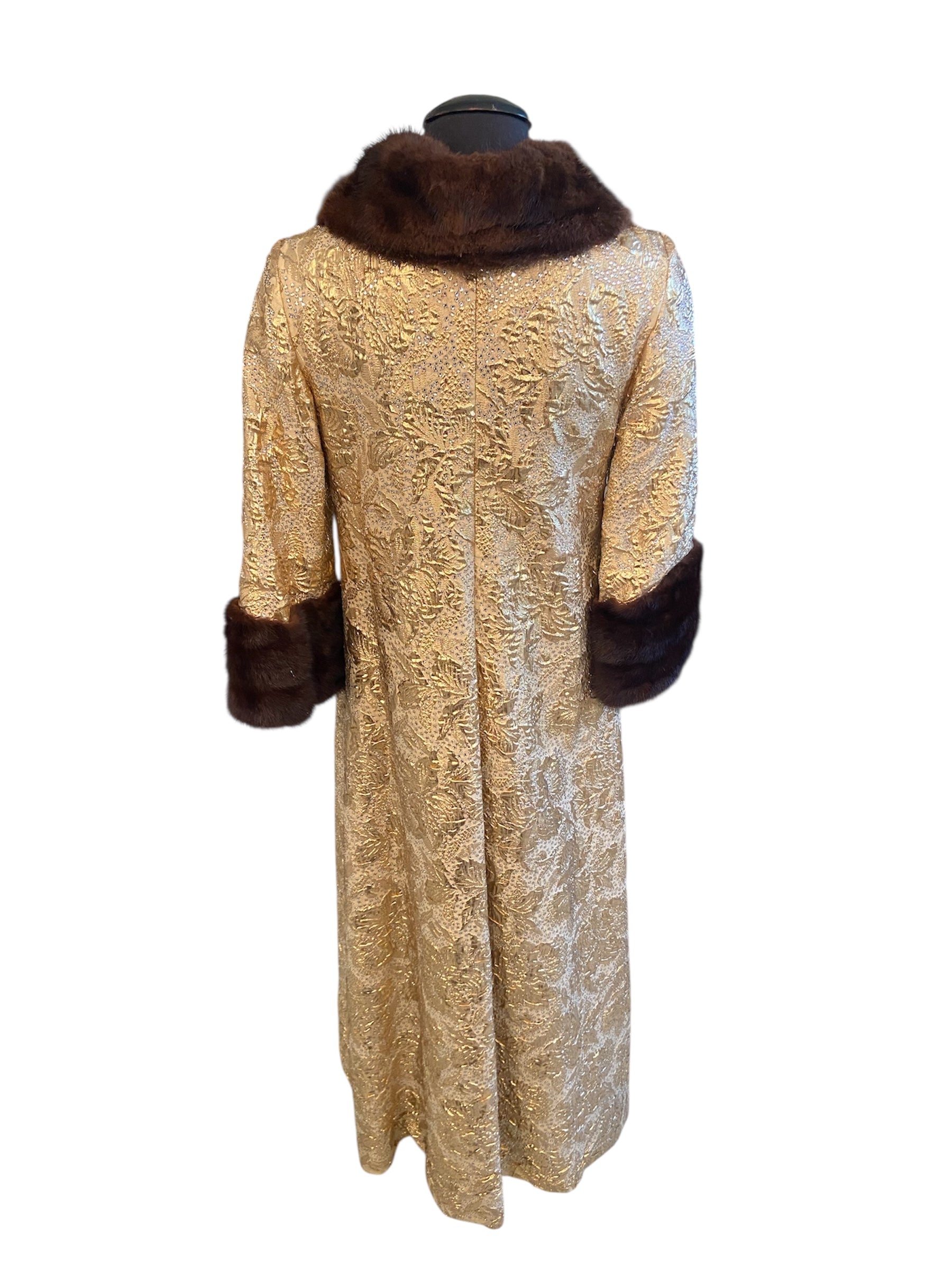 Debbie Reynolds Personal Gold Leaf Lame Gown with Mink and Rhinestone Accents