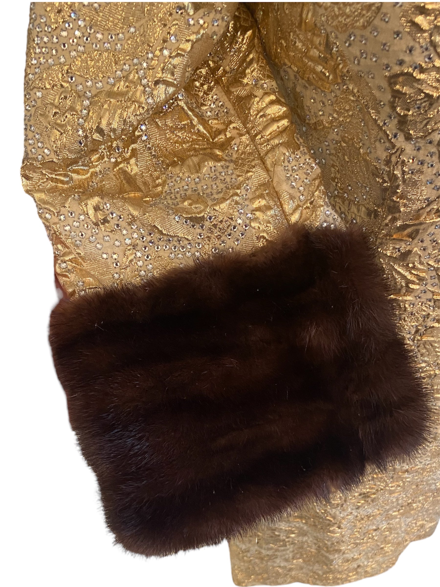 Debbie Reynolds Personal Gold Leaf Lame Gown with Mink and Rhinestone Accents