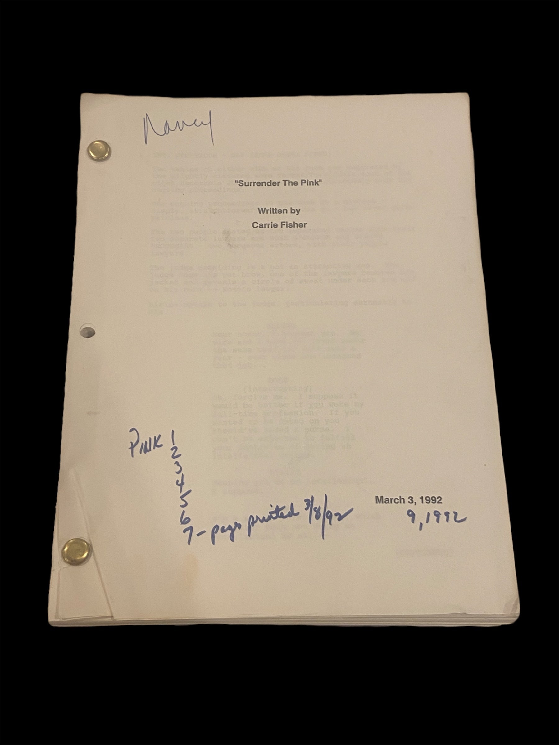**VERY RARE ITEM**. Carrie Fisher Draft of "Surrender The Pink" Movie Script