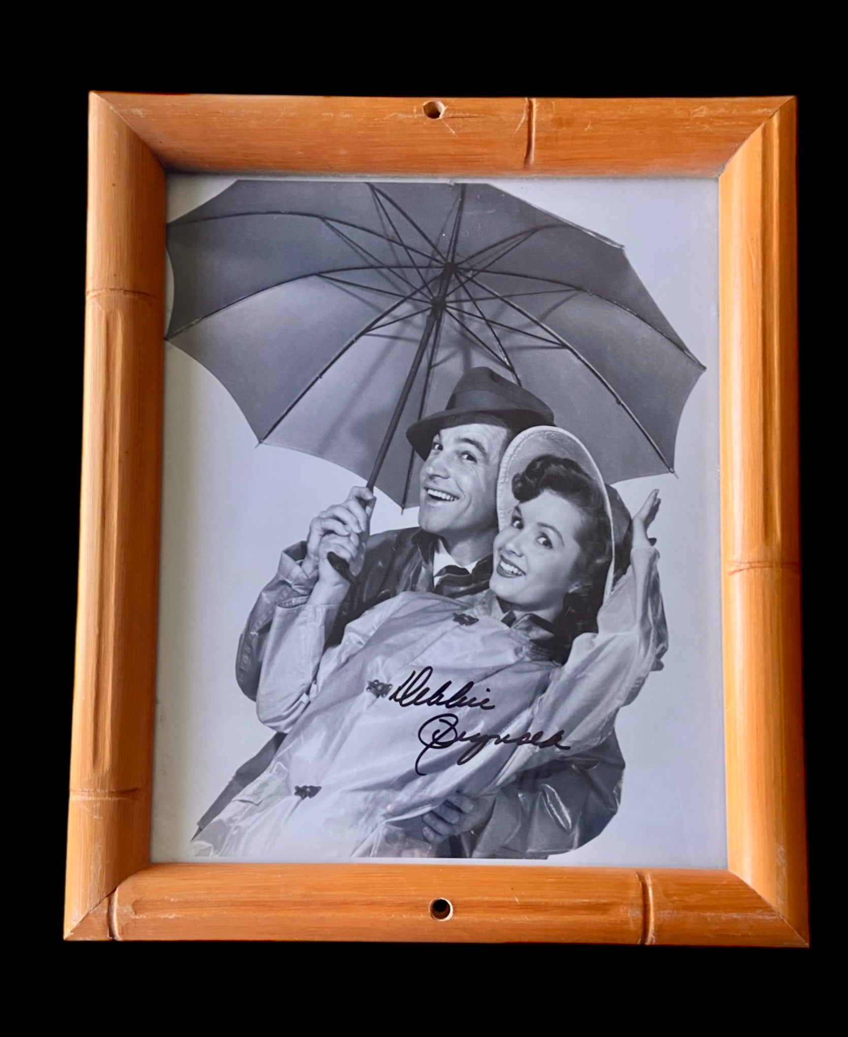 Debbie Reynolds Dance Studio Signed "Singin' In The Rain" Photo and Bamboo Frame and Original Dance Floor Piece